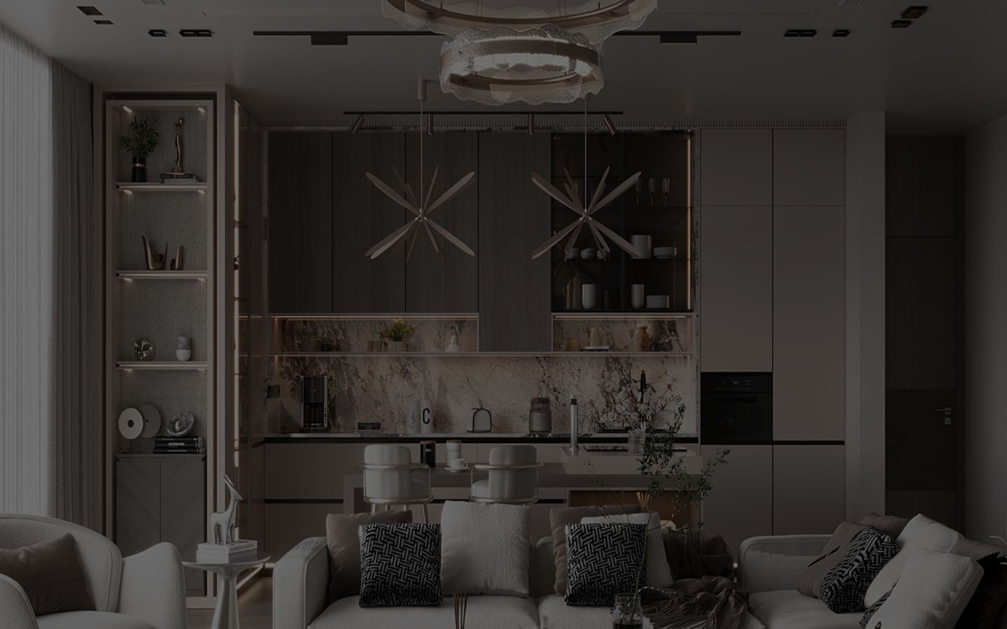 تصميم لغرفة مع مطبخ مفتوح