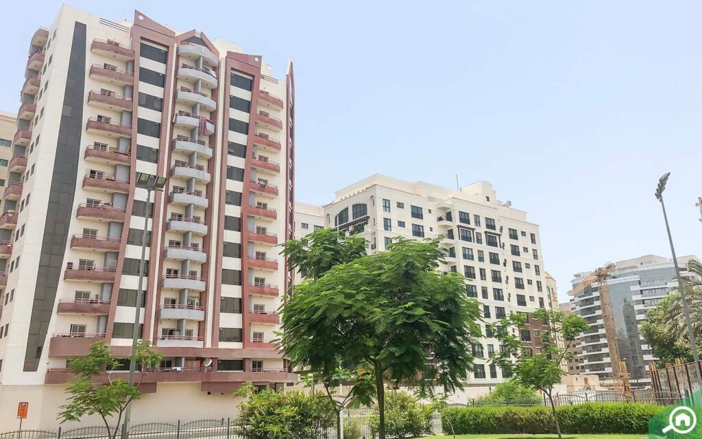 View of Residential towers in Al Nahda Dubai, with green spaces