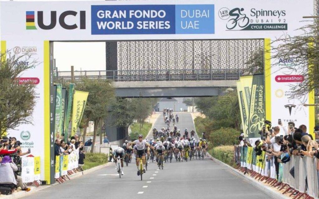 A group of competitive riders in action at the Spinneys Dubai 92 cycling event