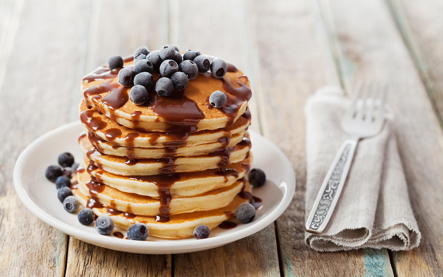 View of blueberry pancakes, served at places with all day breakfast Dubai 