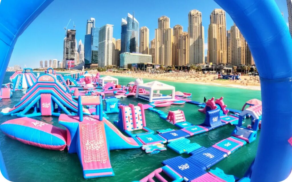 Aqua Fun inflatable water park floating at JBR Beach Dubai