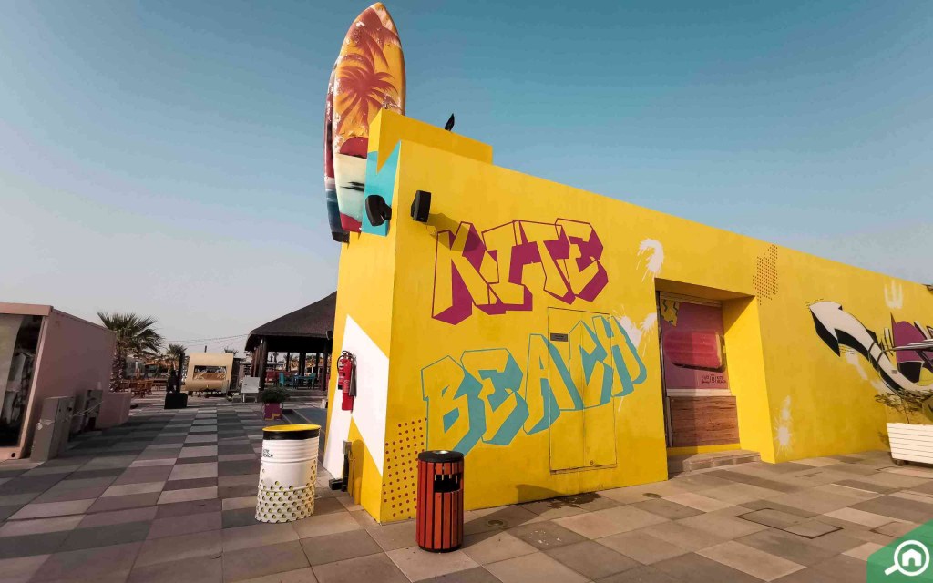 Surfboard on wall  at Kite Beach one of the most popular family friendly attractions in Dubai 