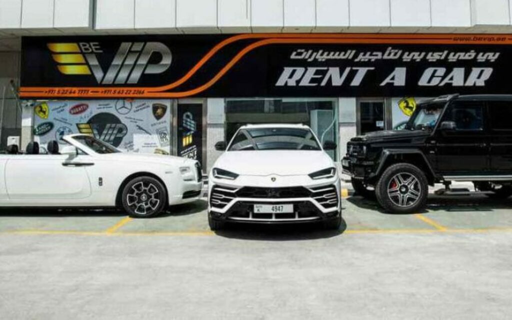 A sleek luxury car parked in Dubai, representing luxury car rentals in Dubai by BEVIP