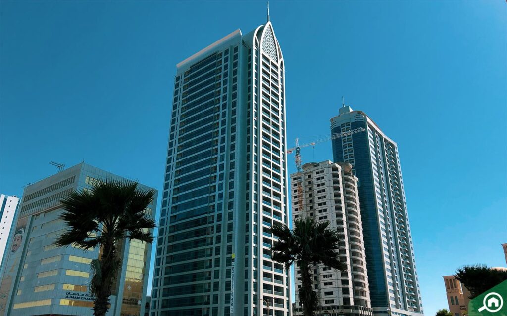 View of Modern high-rise residential buildings in Ajman Corniche