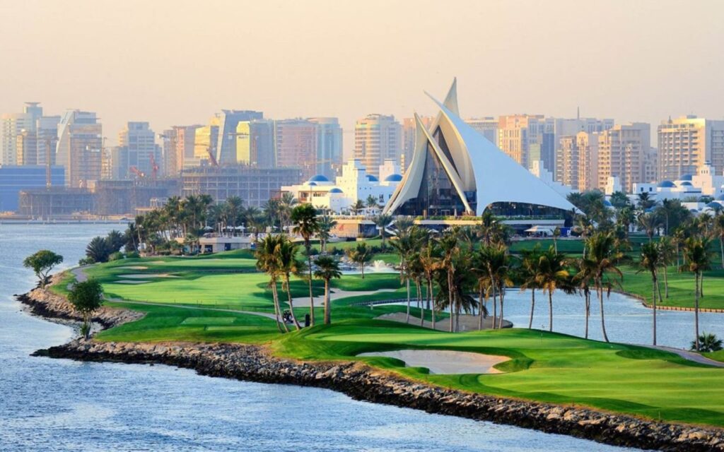 beautiful aerial view of Dubai Creek Golf and Yacht Club