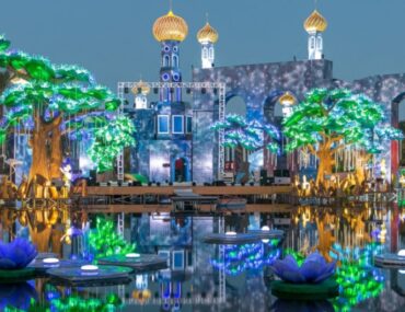 Illuminated art installations glowing brightly across Dubai Garden Glow Zabeel Park.