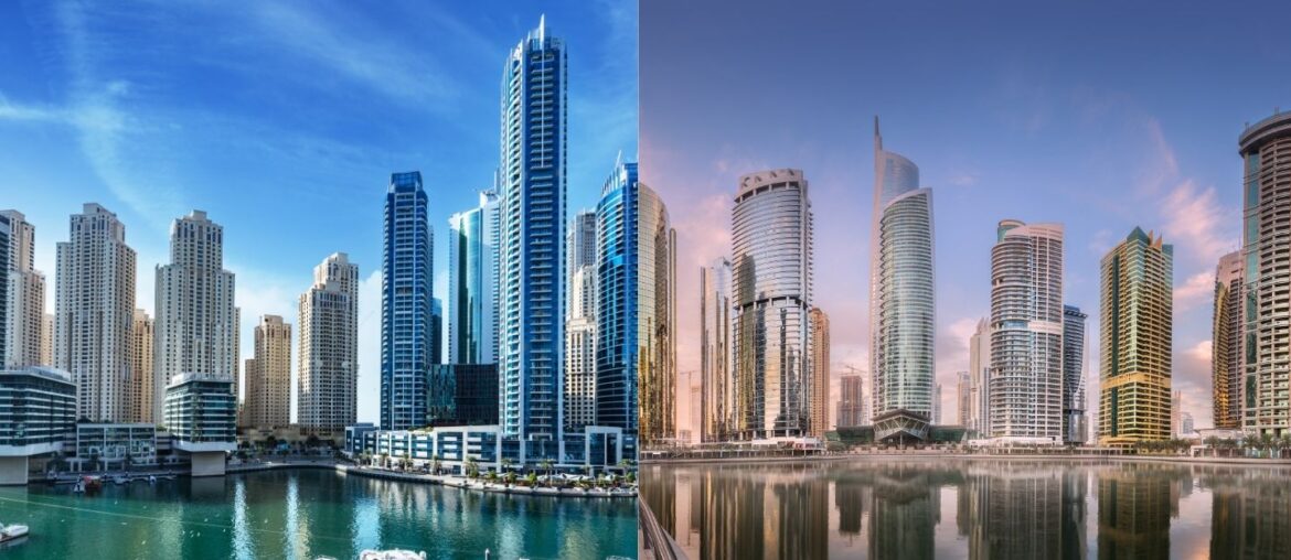 Split image comparing the high-rise residential towers and waterfronts of Dubai Marina and Jumeirah Lake Towers (JLT).