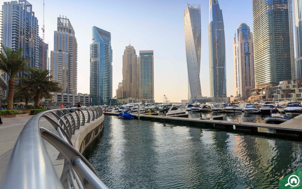 Dubai Marina waterfront views with yachts and luxury apartment buildings 