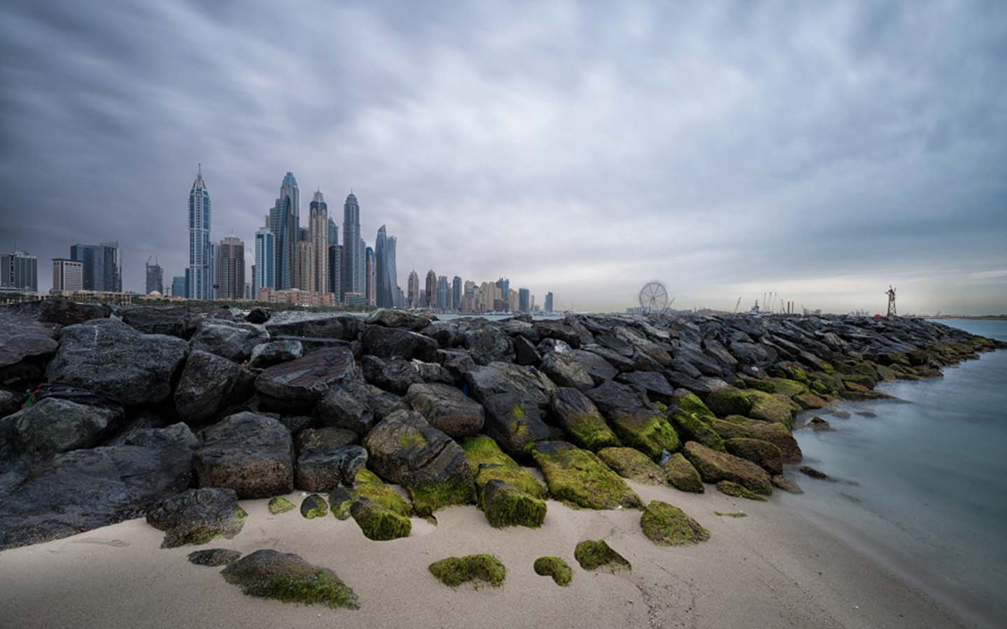 Dubai shore and skyline with cloud cover