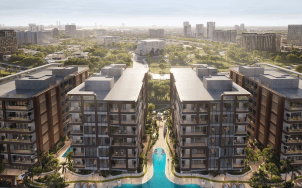 Aerial view of four interconnected towers at Enchanté by GRID