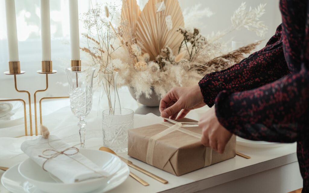 Event planner arranging setup and guest arrangements for formal celebration