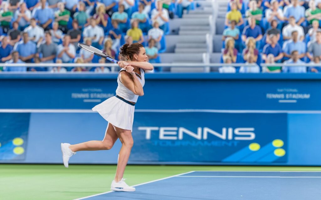 Tennis stadium court shining under lights for major sports events in Dubai.