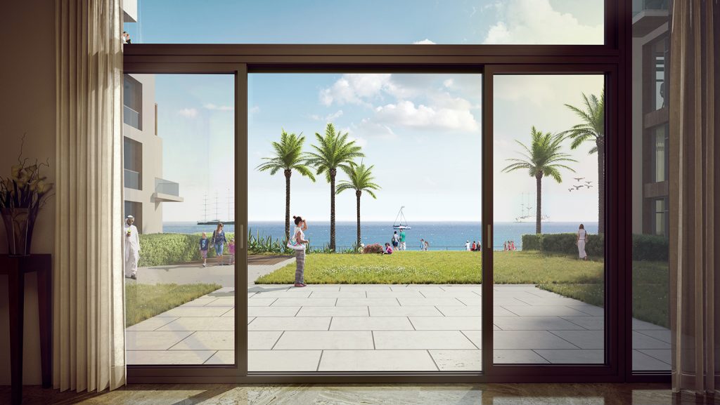 The view from inside The Hotel overlooking the beach of The Address Hotel Luxury Residences & Spa in Fujairah, UAE