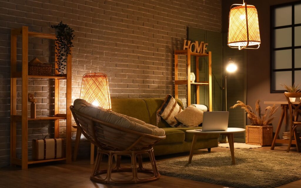 Evening living space illuminated with warm lamps and candlelight fostering relaxation.