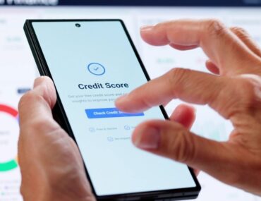 A hand checking a credit score on a smartphone app.