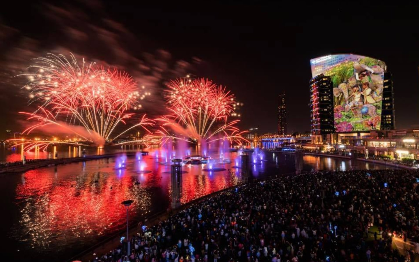 View of fireworks at Dubai Festival City Mall, and Intercontinental Hotel, which has New Year's Eve hotel deals