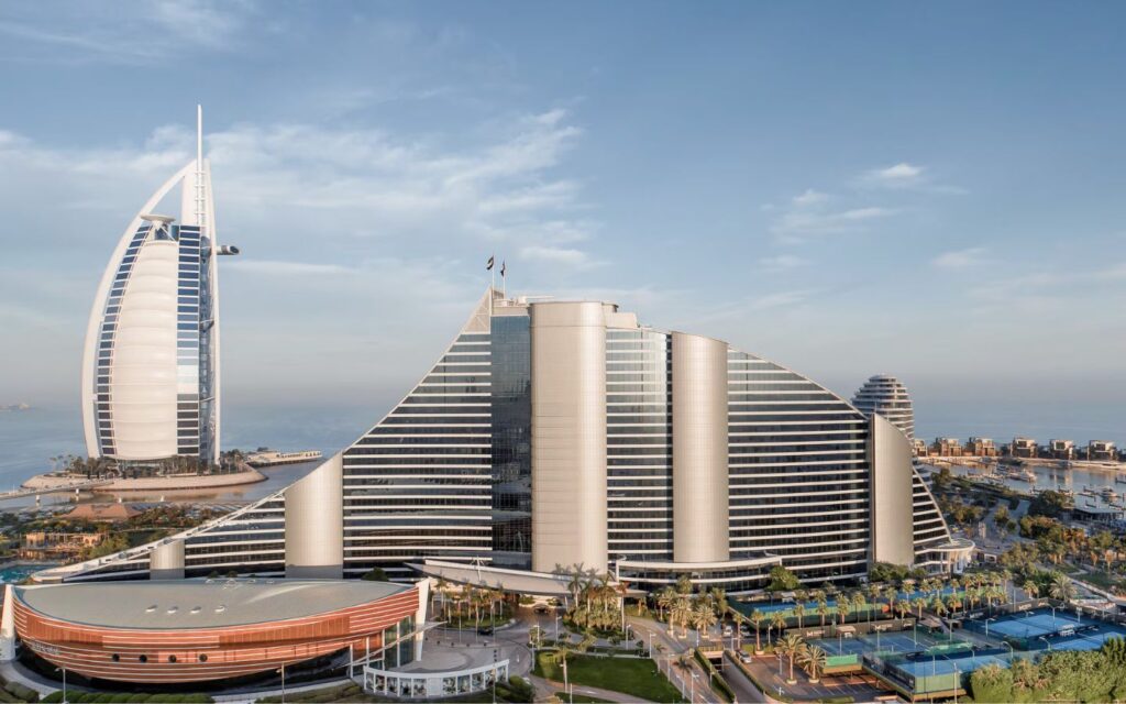 View of Jumeirah Beach Hotel, a wave-shaped icon near Burj Al Arab