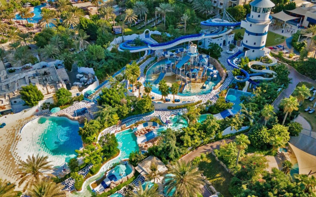 Jungle Bay Waterpark with pools and slides at Mina Seyahi Dubai Marina