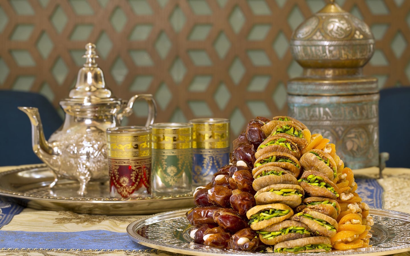 View of dates and traditional arabic coffee at Mijana