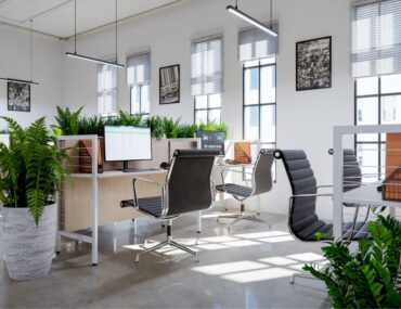 Minimalist office interiors featuring clean lines, neutral tones, and clutter-free workspace design.