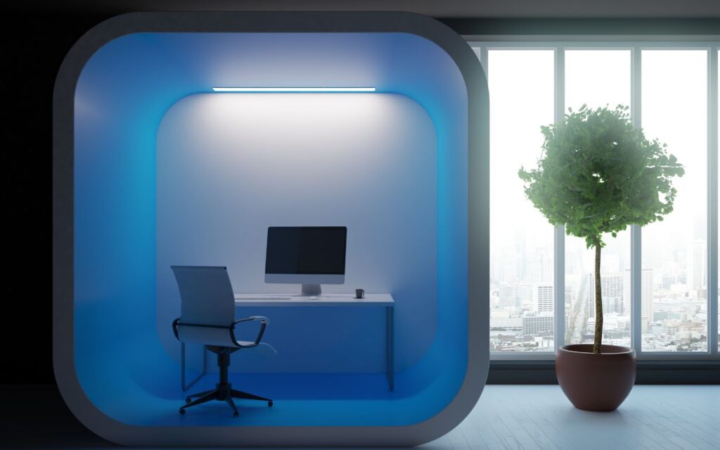 Private office pods in a modern office space designed for focus, privacy and productivity.