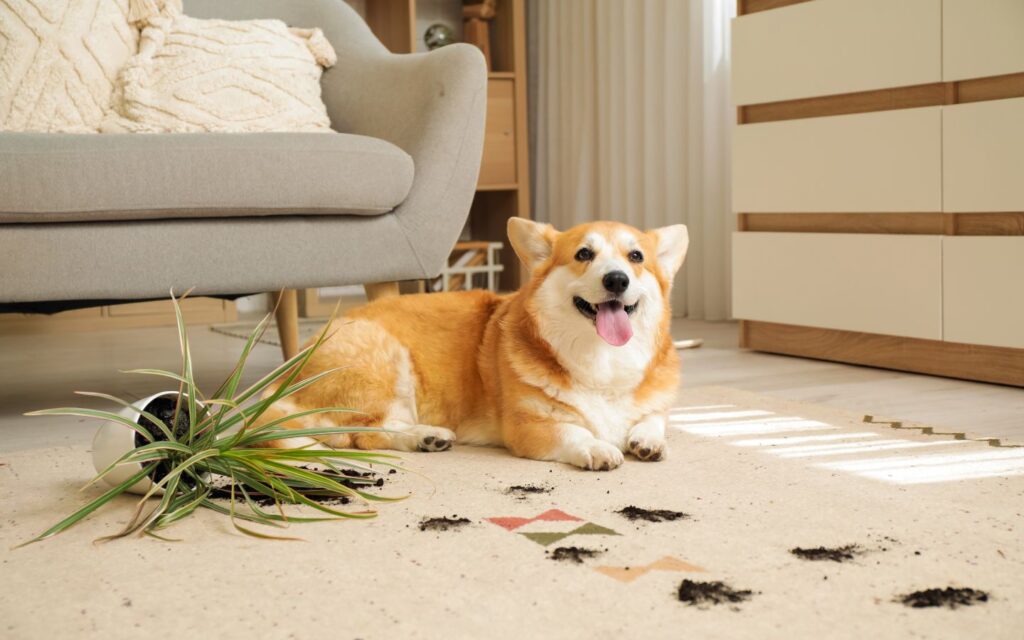 A happy dog making a mess in professional pet daycare Dubai facility.