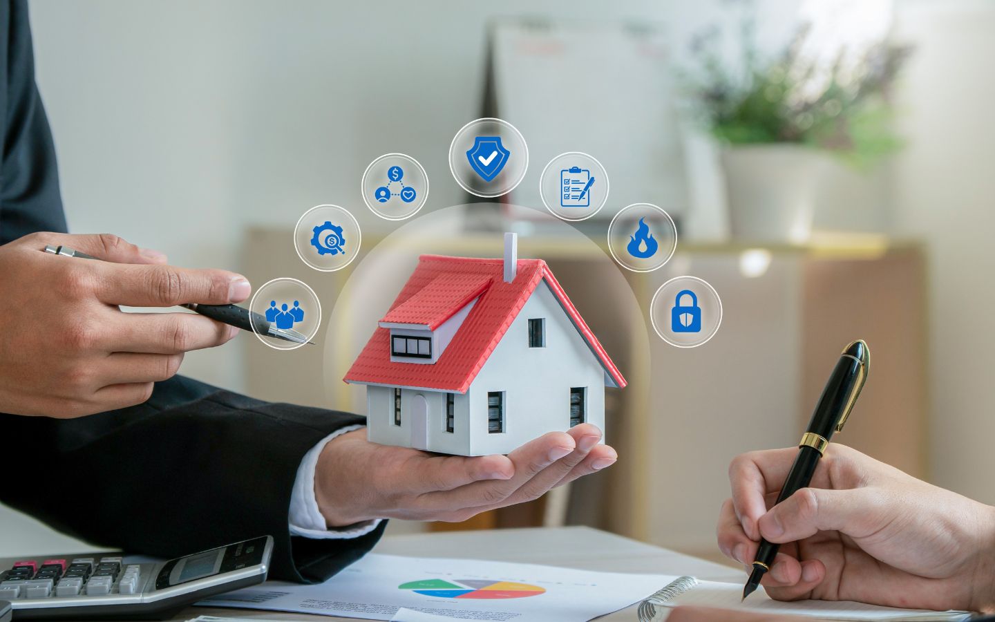 real estate agent holding a model house surrounded by digital security and protection icons while a client signs a property agreement