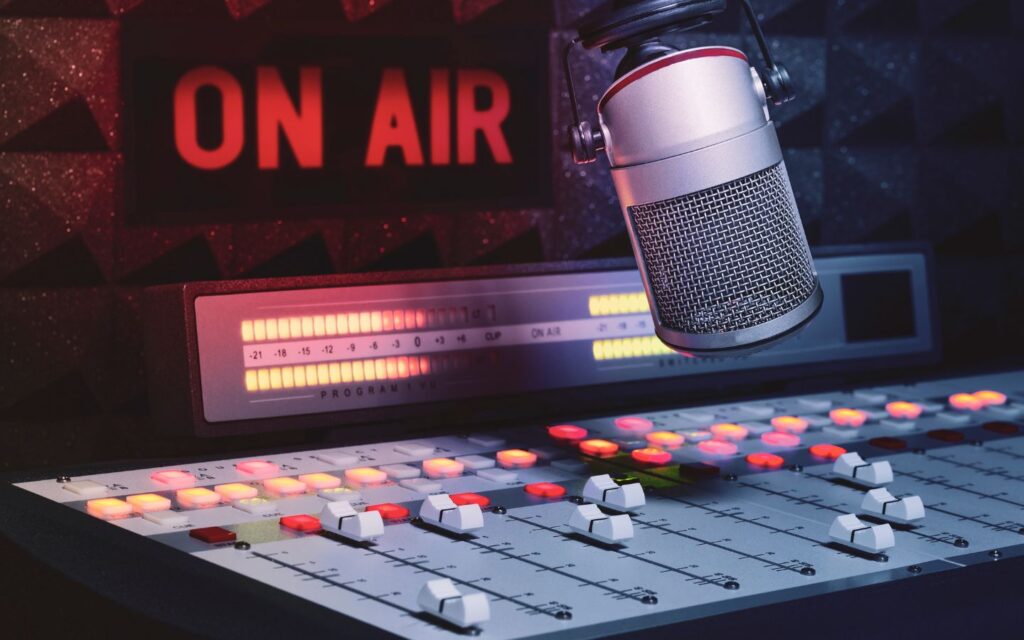 Microphone and studio setup representing popular FM stations and radio channels in Dubai.