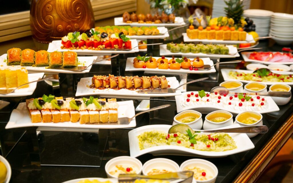 An overhead view of a buffet spread at the top places for Iftar in Palm Jumeirah.