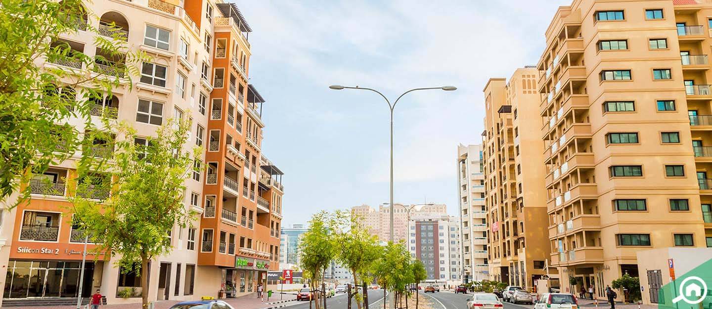 A view of neighbourhood showing top buildings to rent studio Apartments in Dubai Silicon Oasis