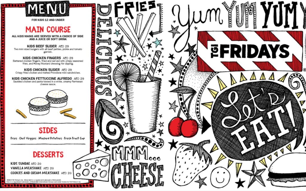 The kids’ menu, packed with familiar favourites at TGI Fridays