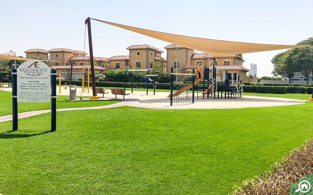 View of a park in Dubailand which houses some of the best townhouses in Dubai