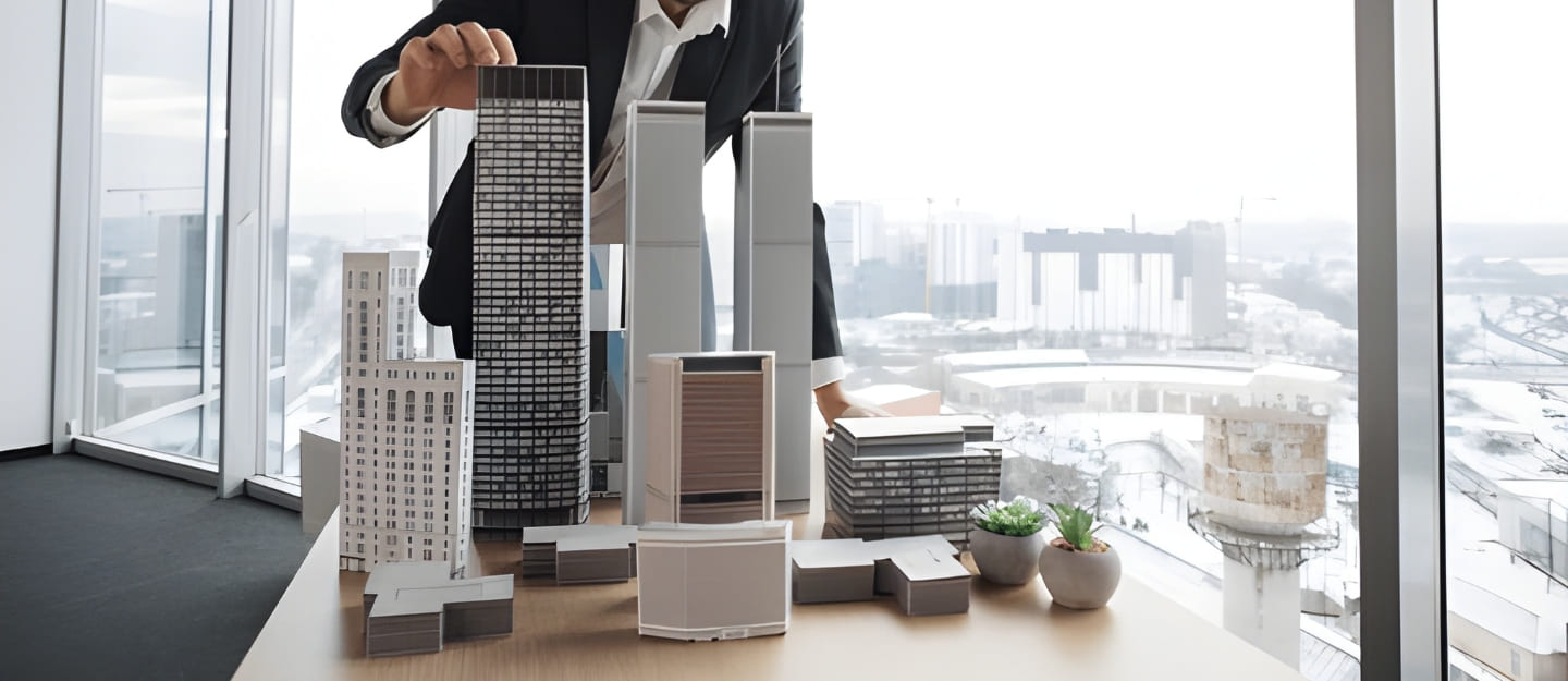 شخص أمامه مجسمات عقارات