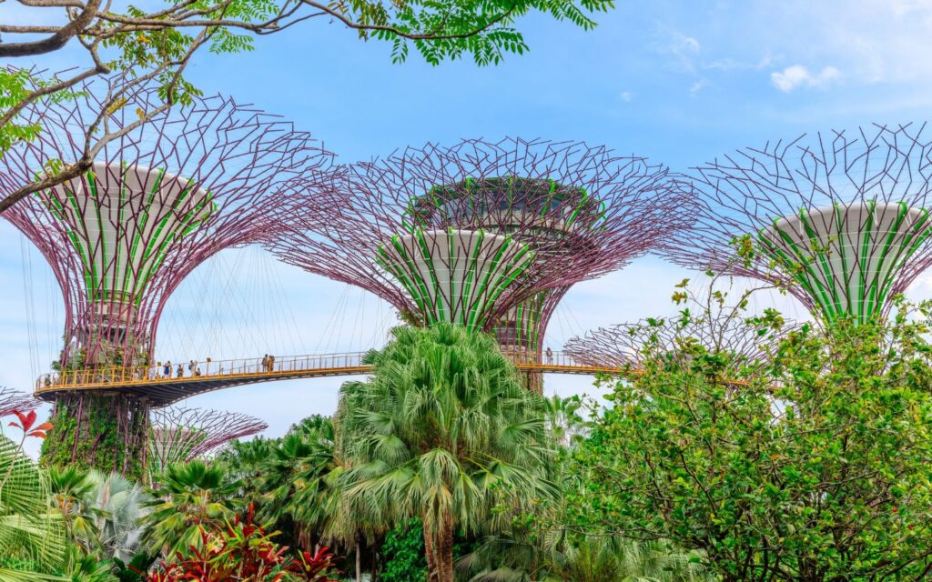 Futuristic garden structures and greenery in Singapore.