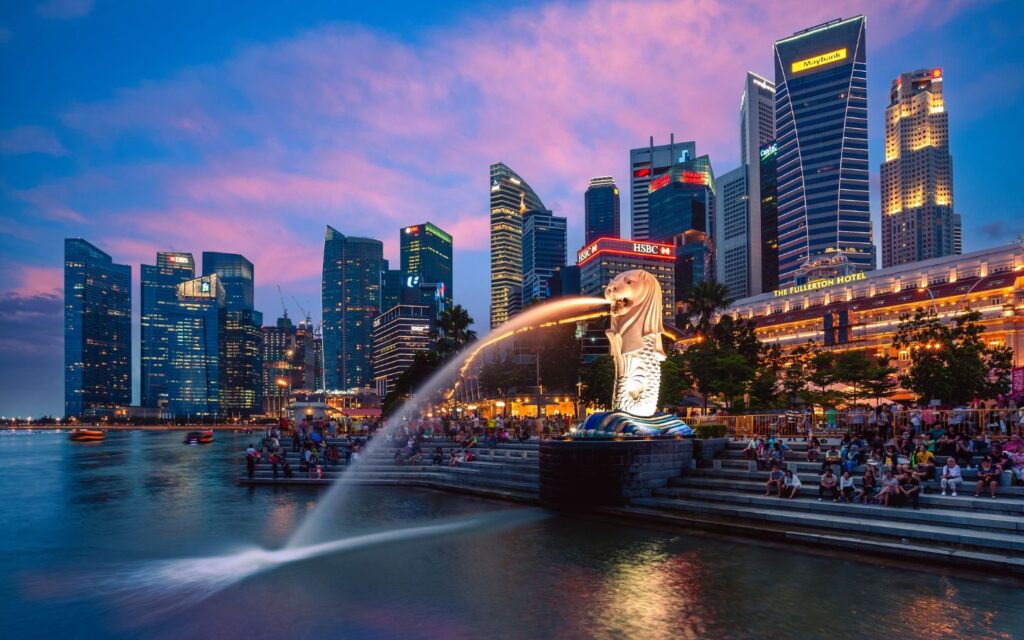 Popular landmark with city skyline and waterfront in Singapore.
