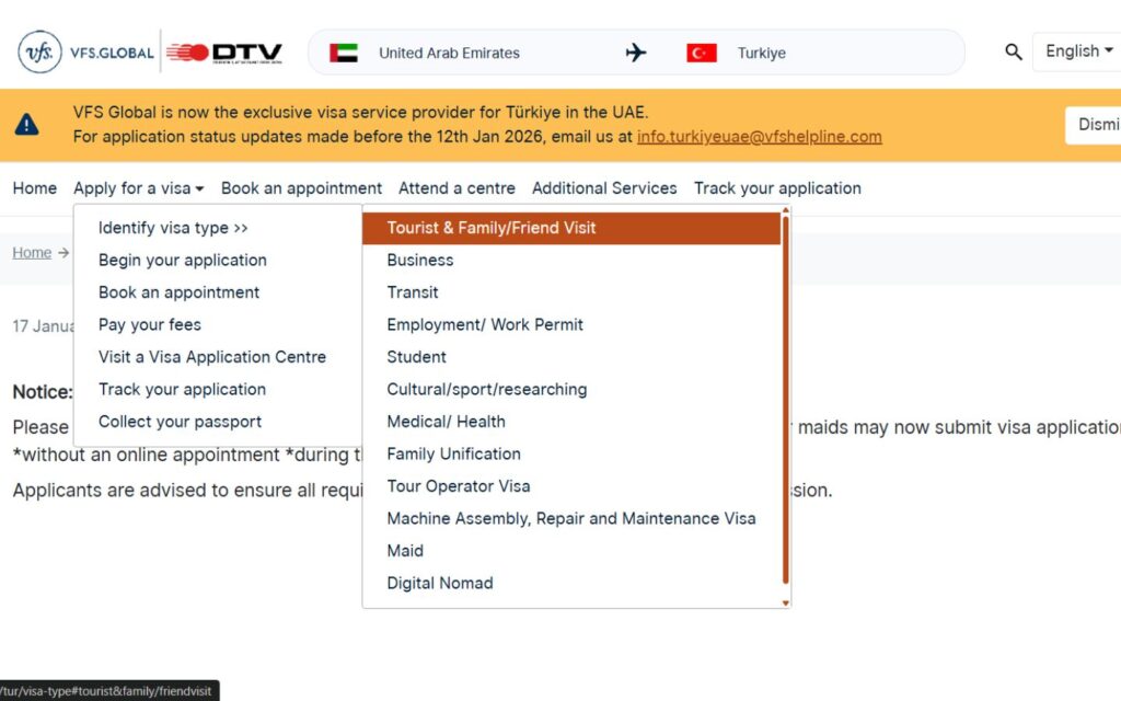 VFS Global Portal for Dubai to Türkiye visit visa application 