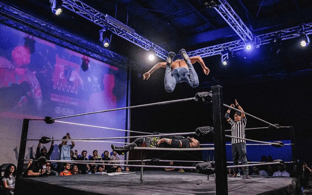 wrestlers in action at WrestleFest Dubai