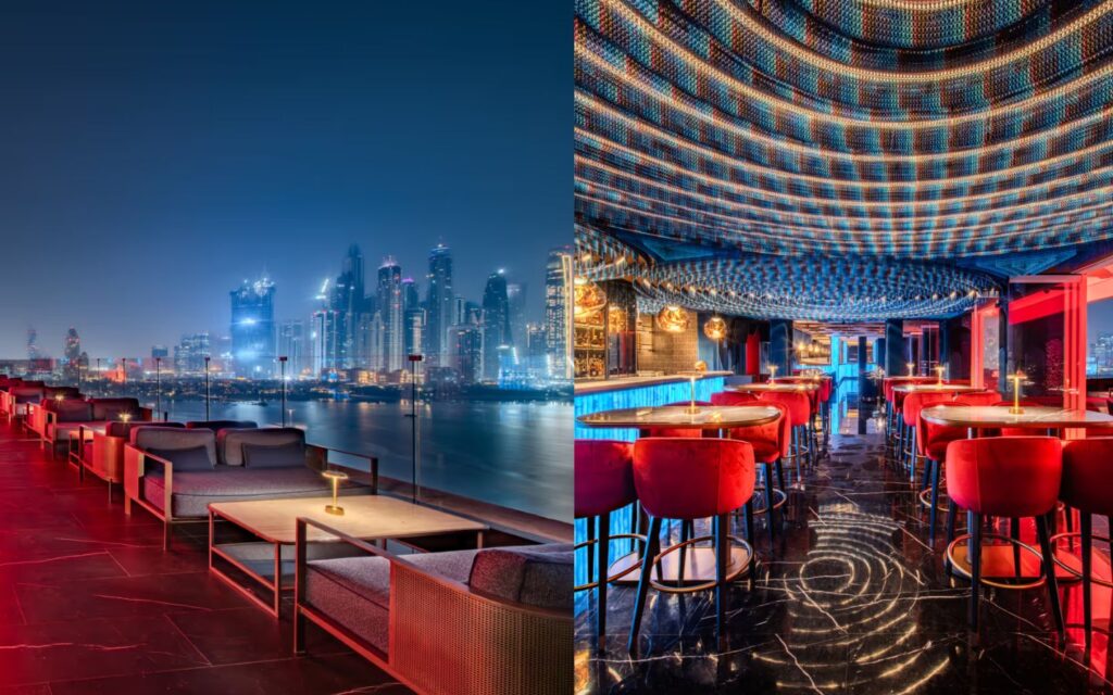 view of Dubai skyline from a bar in palm jumeirah