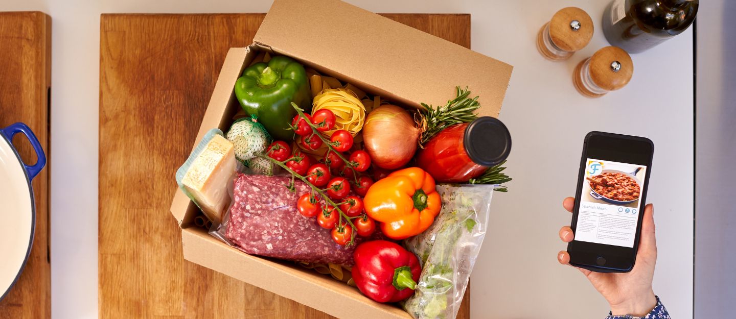 Recipe card and ingredients laid out from a Dubai home cooking kit