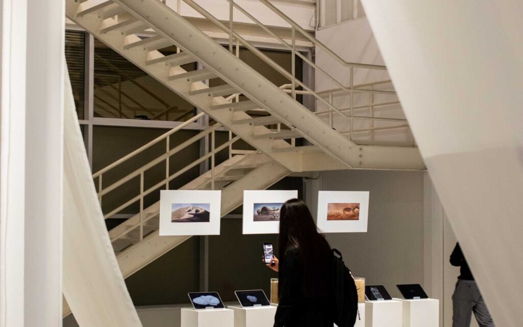 Woman admiring art work at quoz arts fest in dubai