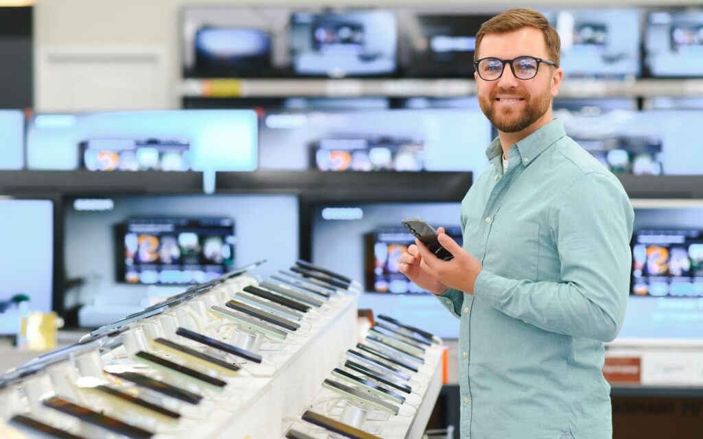 Man holding a smartphone in an electronics store