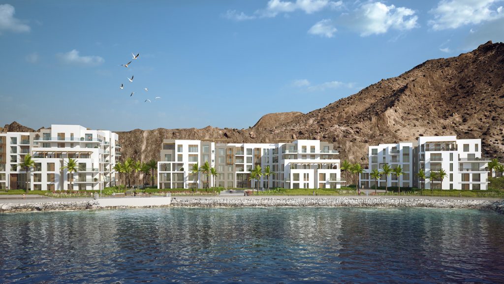 A sea side view of the up-and-coming prestigious waterfront lifestyle destination - The Address Residences Fujairah Resort & Spa on the east coast of the United Arab Emirates