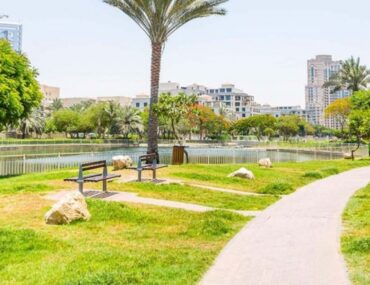 Lush lakeside park with paved pathways, benches, and palm trees for residents living in The Greens Dubai.