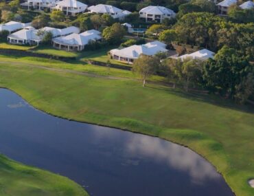 aerial view of a green community along the lake