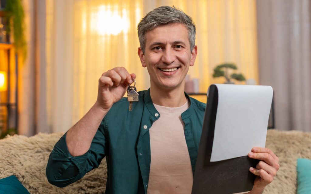 man happily holding deed and key to new house