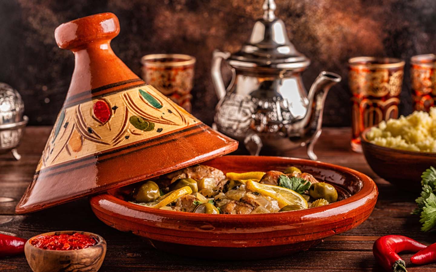 Moroccan tagine served in a ceramic vessel