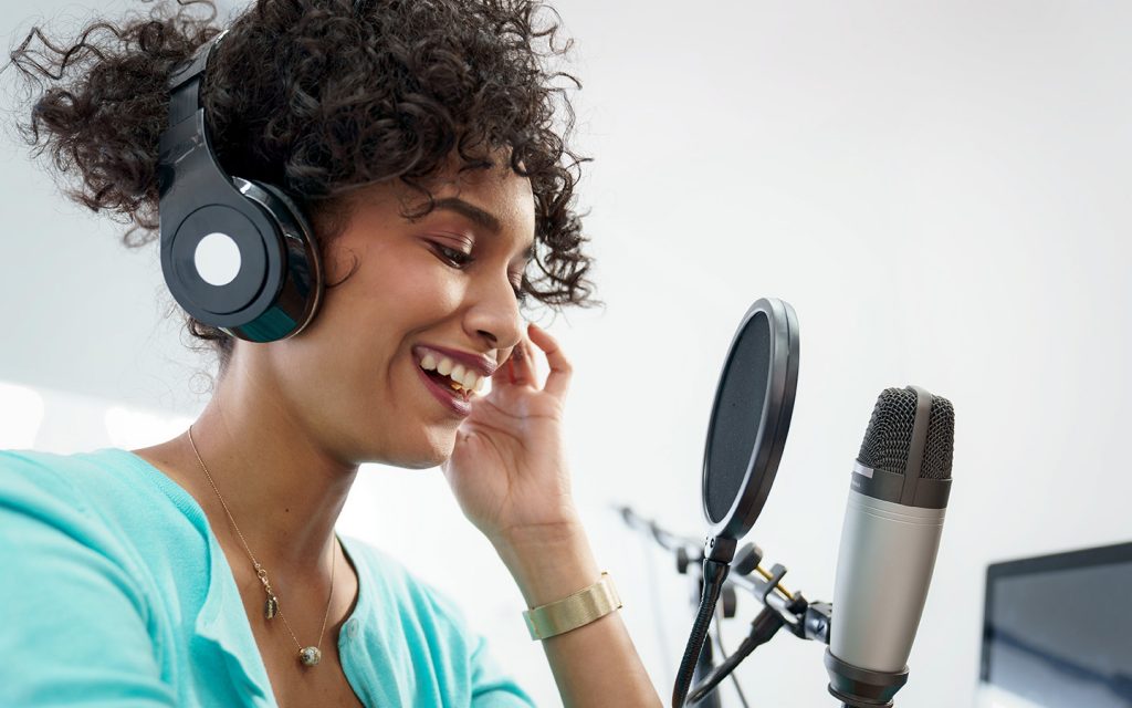 girl sharing a story on a podcast