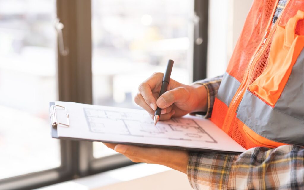 An inspector in a safety vest marking notes on a clipboard.