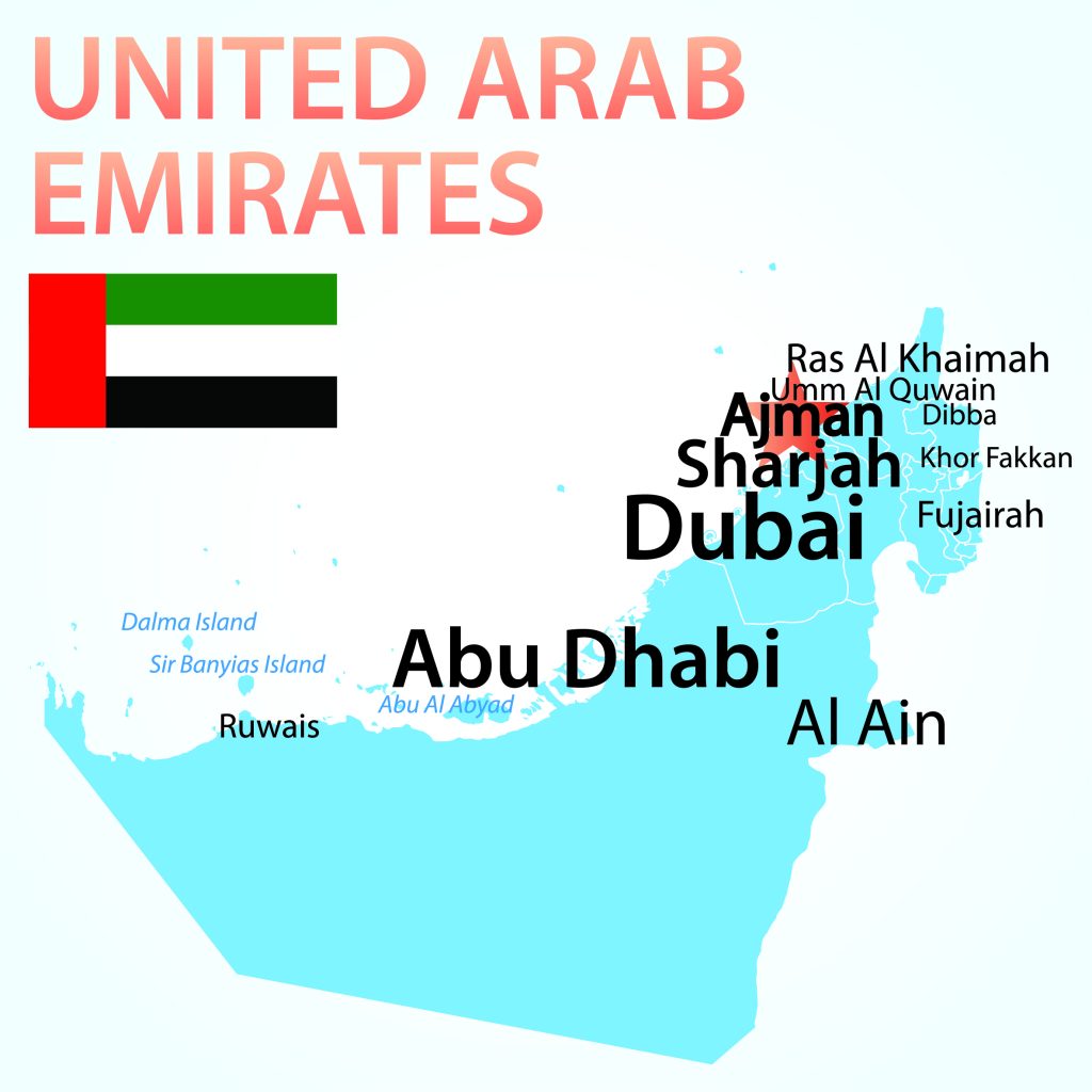 Map of the United Arab Emirates with Ajman highlighted with a red star