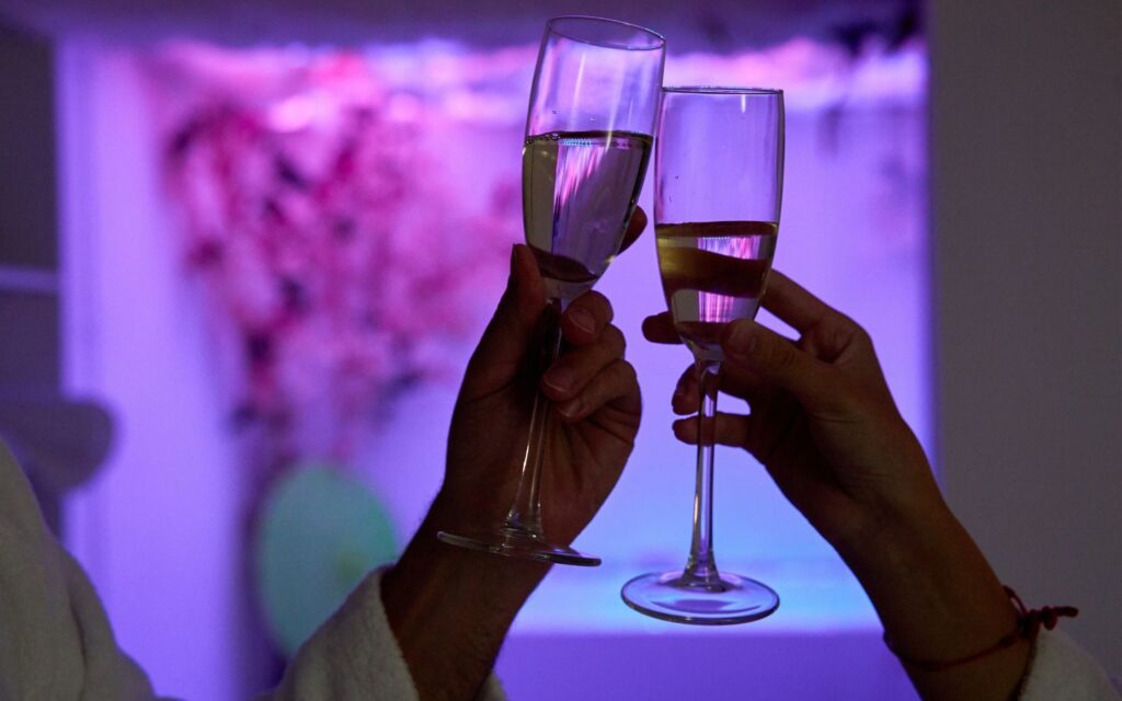 Chilled bubbly and decadent strawberries for spa offers for Valentine’s Day in Dubai.